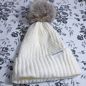 Calvin‎ Klein Kids' Cream Knit Beanie with Pom-Pom